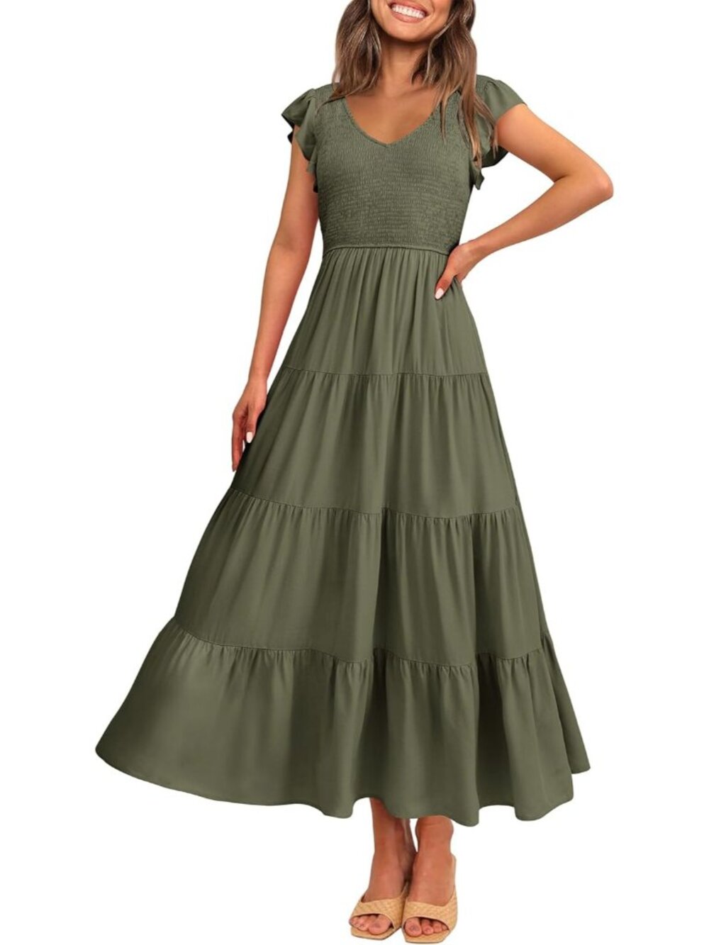 Women's Green Summer Flowy Maxi Dress Casual Cap Sleeve V Neck Smocked Beach